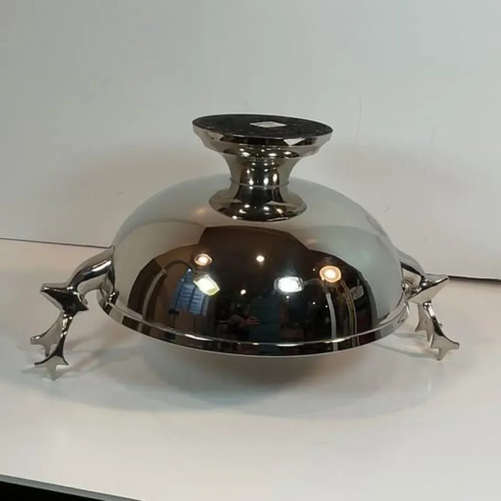 Crate & Barrel Reindeer Bowl 9” Silver Tone Fruit Cabin Christmas Holiday Lodge